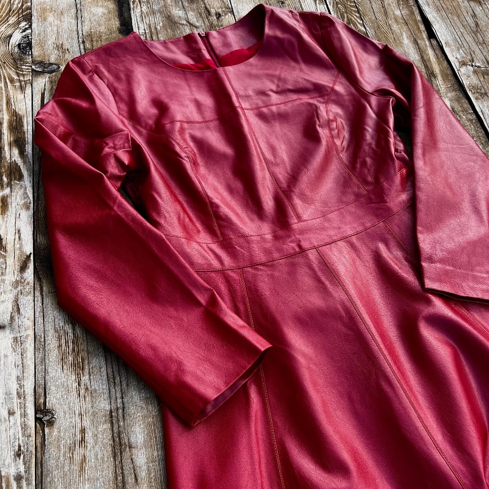 Red Vegan Leather Midi Dress Burgundy NWOT Lined Small (4-6)